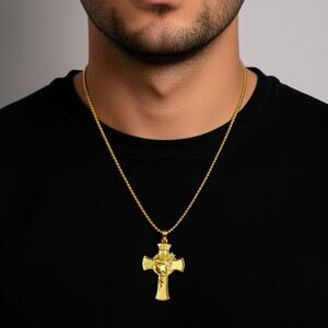 MENDEL Unisex Gold Plated Jesus Christ Face Crucifix Cross Pendant Necklace Gift